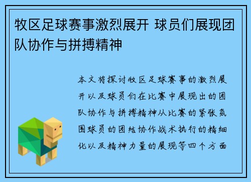 牧区足球赛事激烈展开 球员们展现团队协作与拼搏精神