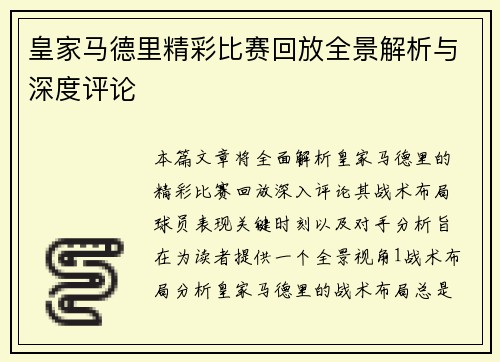 皇家马德里精彩比赛回放全景解析与深度评论