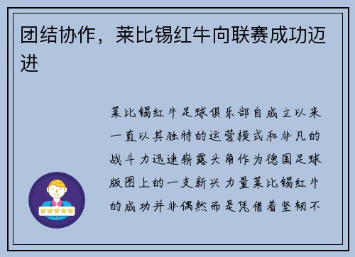 团结协作，莱比锡红牛向联赛成功迈进